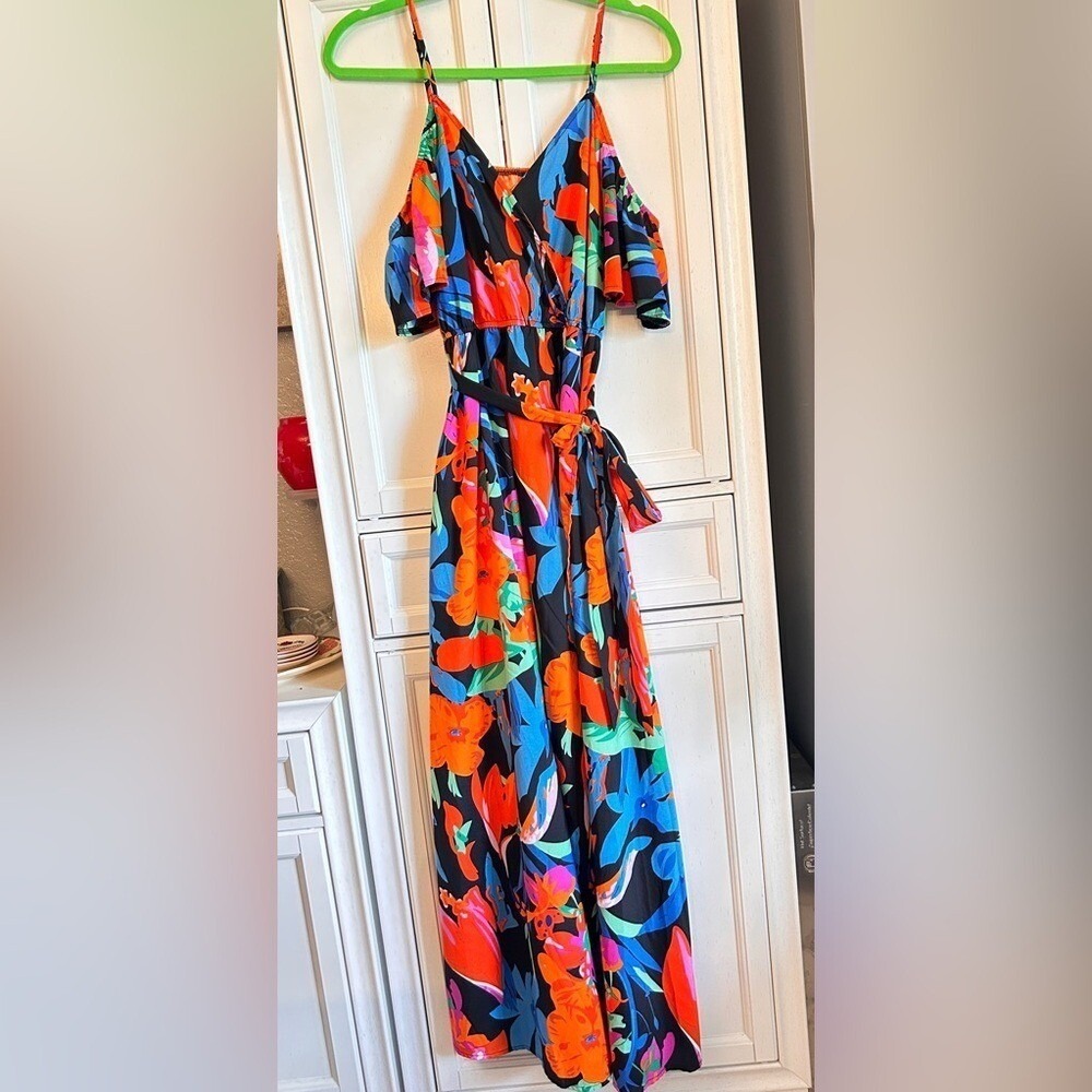 Tropical Floral Cold Shoulder Maxi Dress Belted Slit LARGE summer spring - Picture 9 of 9